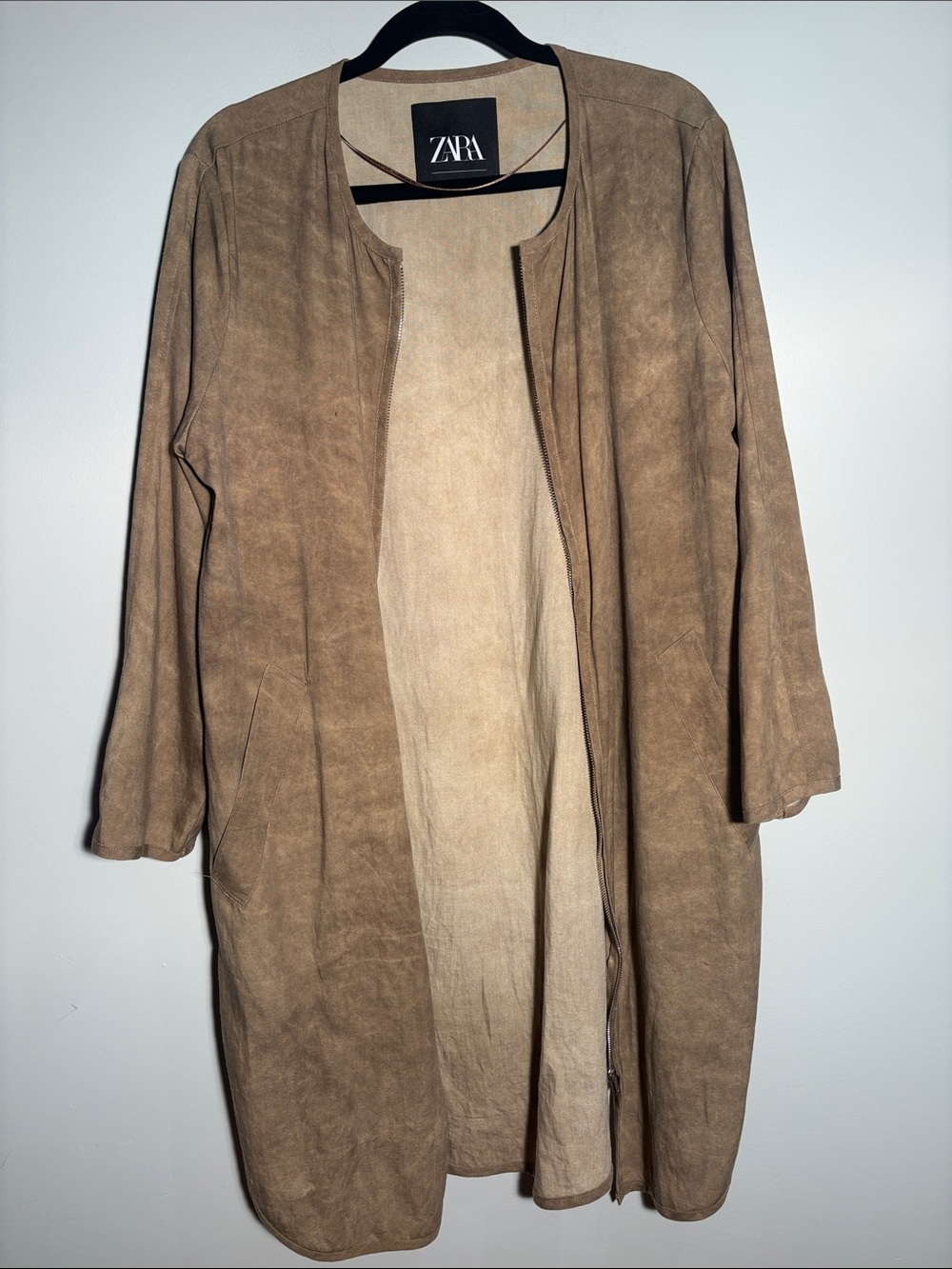 Zara Tan Suede Open-Front Trench Coat